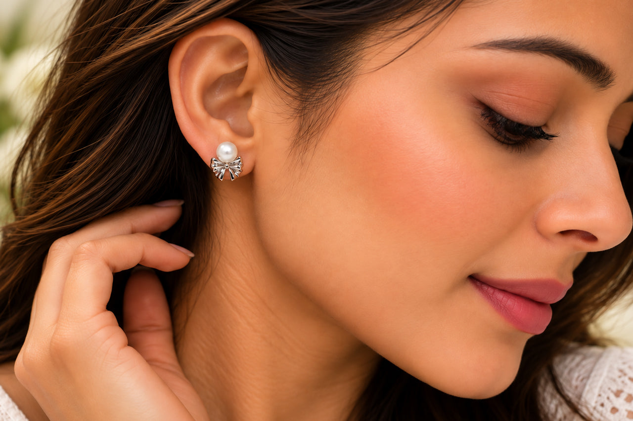 Silver-Tone Bow Pearl Stud Earrings