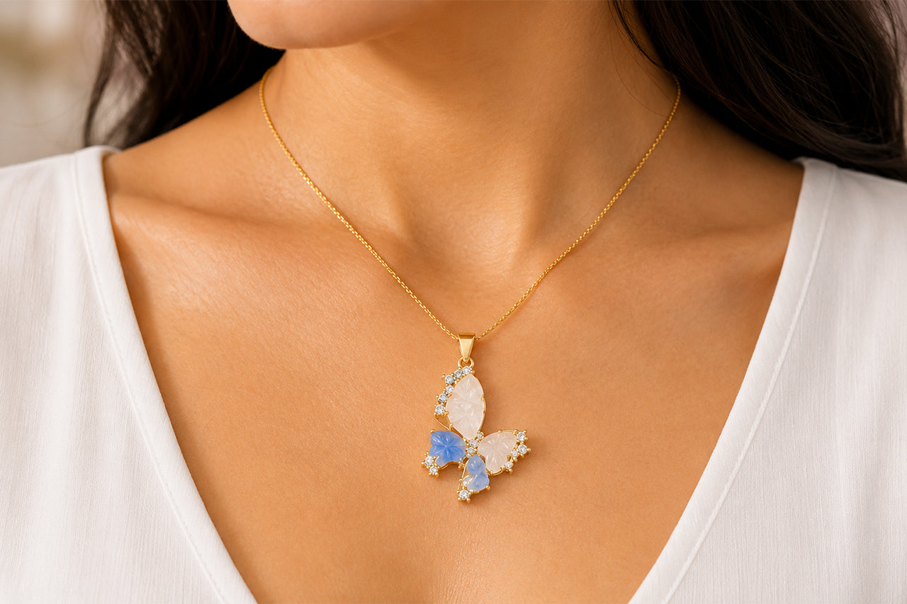 Asterials 18K Gold Plated Blue Floral Butterfly Charm Pendant Necklace
