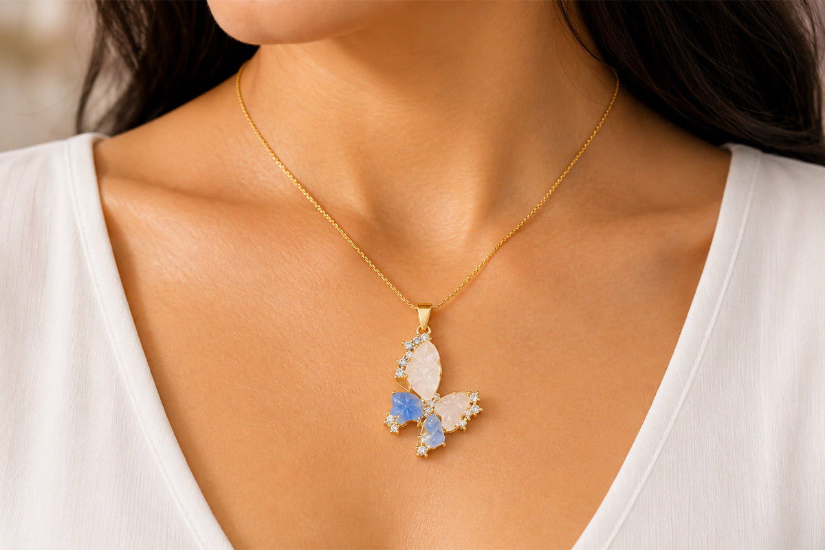 Asterials 18K Gold Plated Blue Floral Butterfly Charm Pendant Necklace