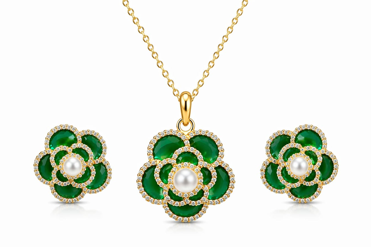 18K Gold Plated Green Floral Pendant Necklace Set with Earrings for Women