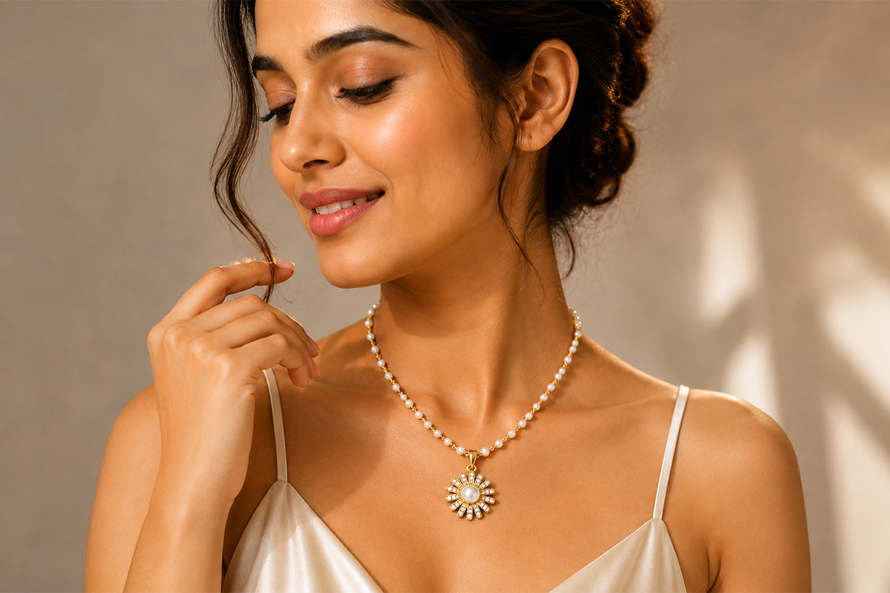 Asterials 18K Gold Plated Pearl Floral Charm Necklace for Women