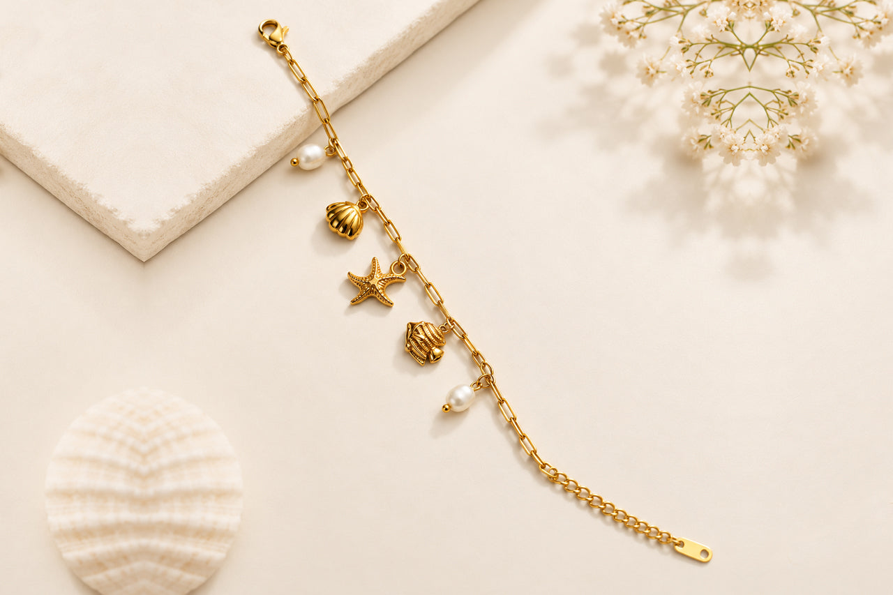 Asterials Gold-Tone Ocean Charm Bracelet with Pearl Accents
