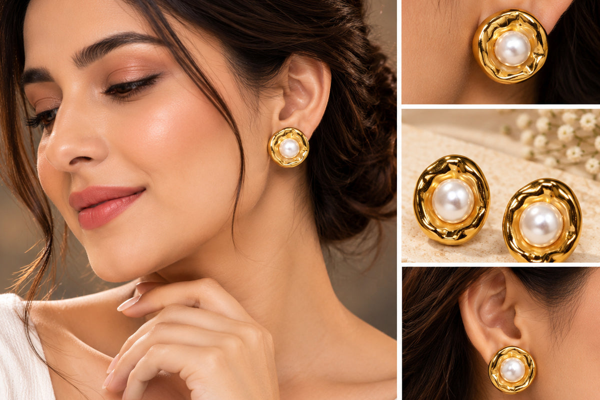 Asterials Gold Plated Pearl Stud Earrings for Women | Elegant Textured Statement Earrings