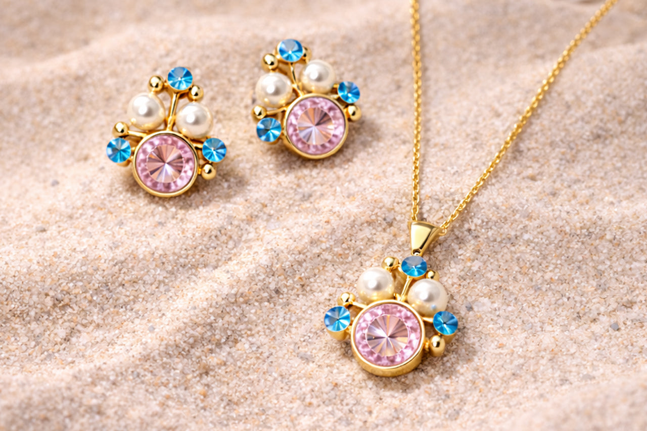 18K Gold Plated Stone with Matching Pearl & Blue Crystal Necklace Set