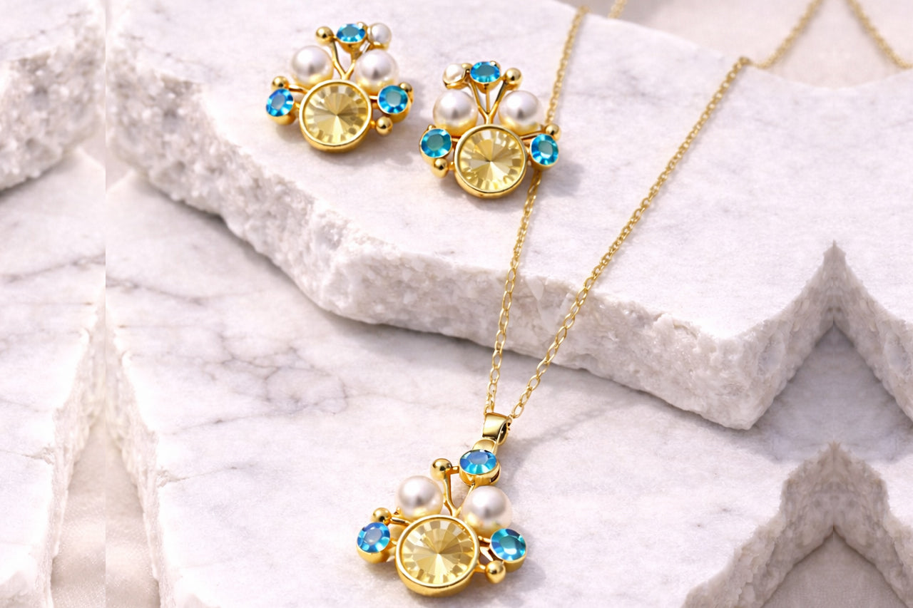 18K Gold Plated Stone with Matching Pearl & Blue Crystal Necklace Set