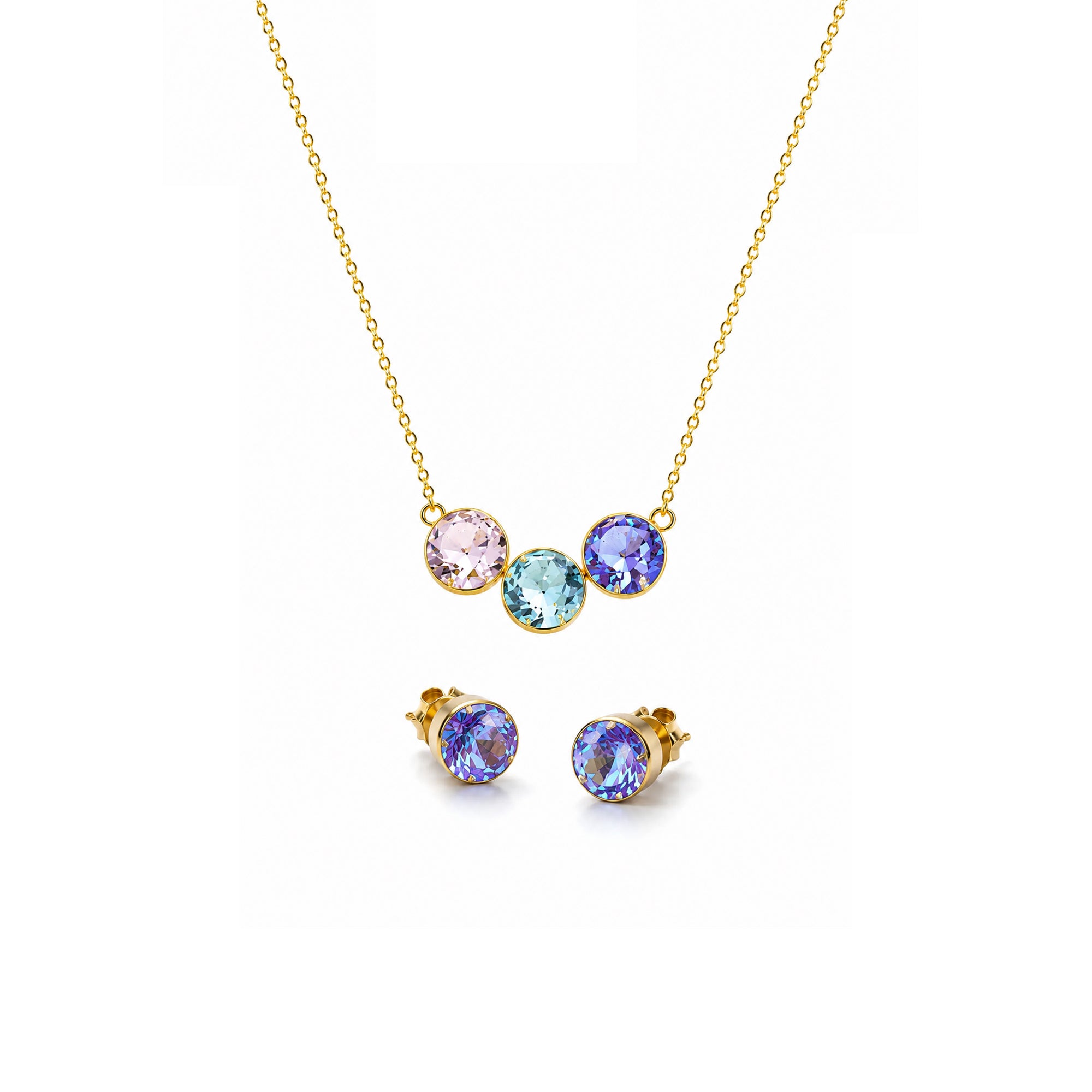 18K Gold Plated Pastel Crystal Necklace & Stud Earrings Set for Women