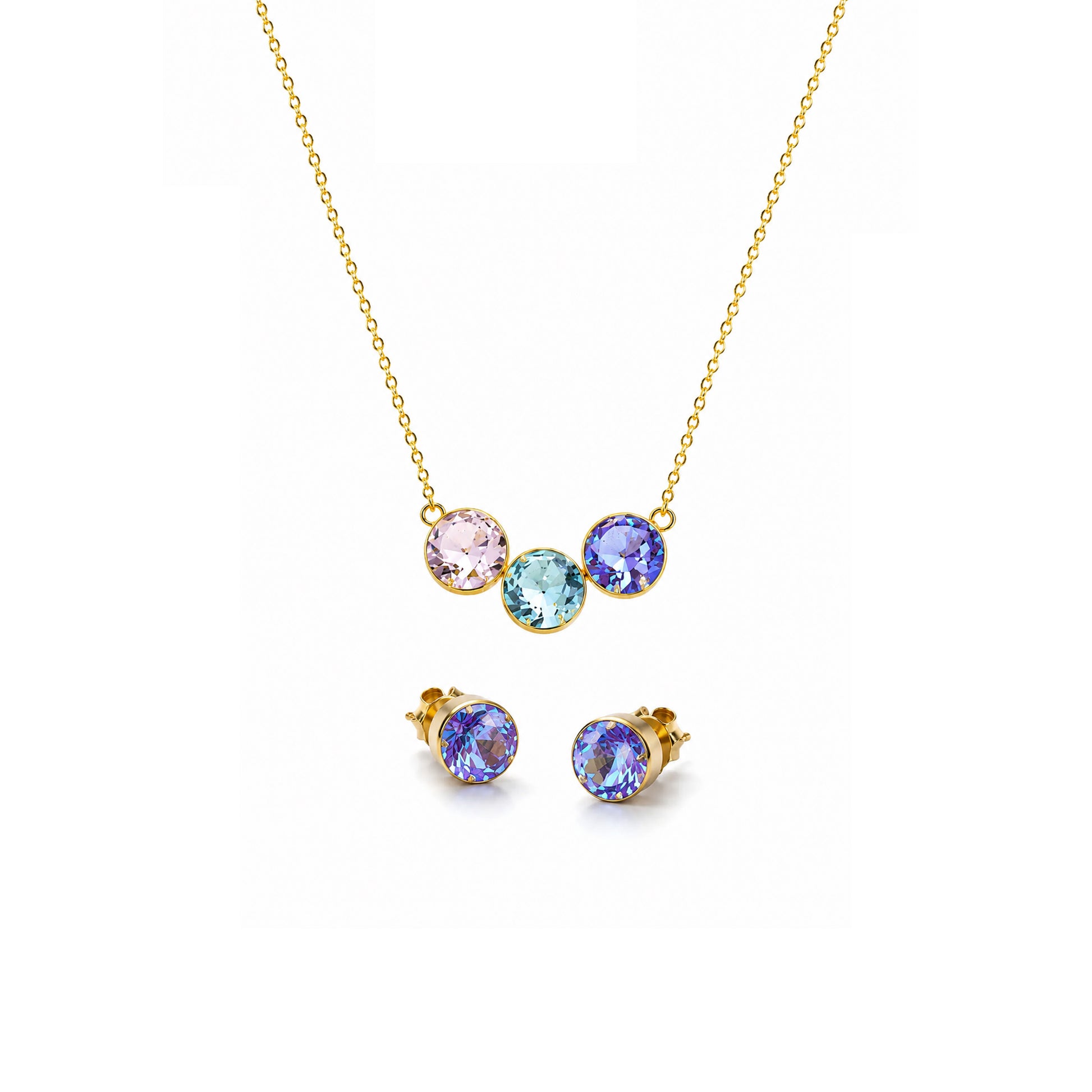 18K Gold Plated Pastel Crystal Necklace & Stud Earrings Set for Women