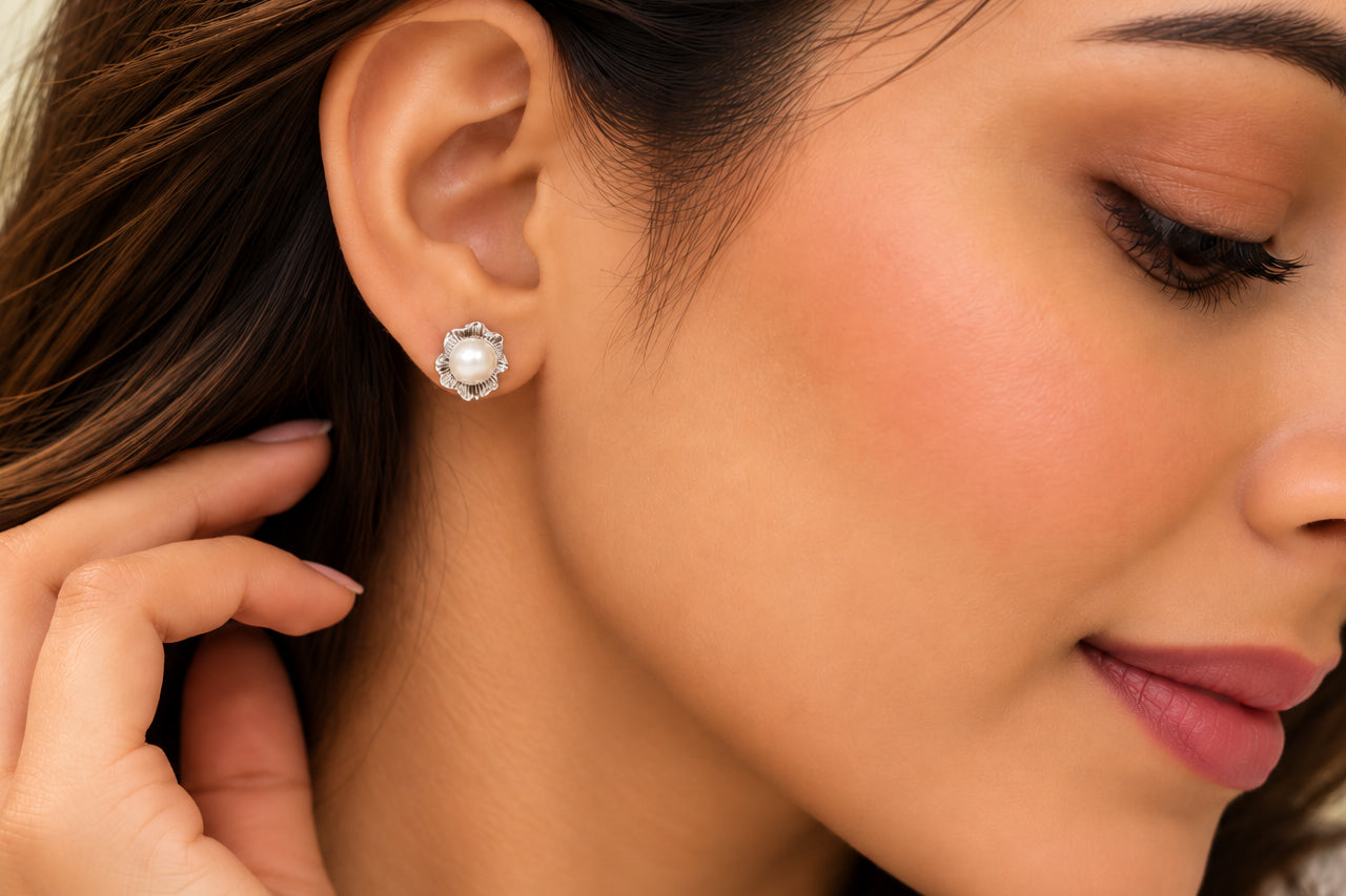 Silver-Tone Floral Pearl Stud Earrings