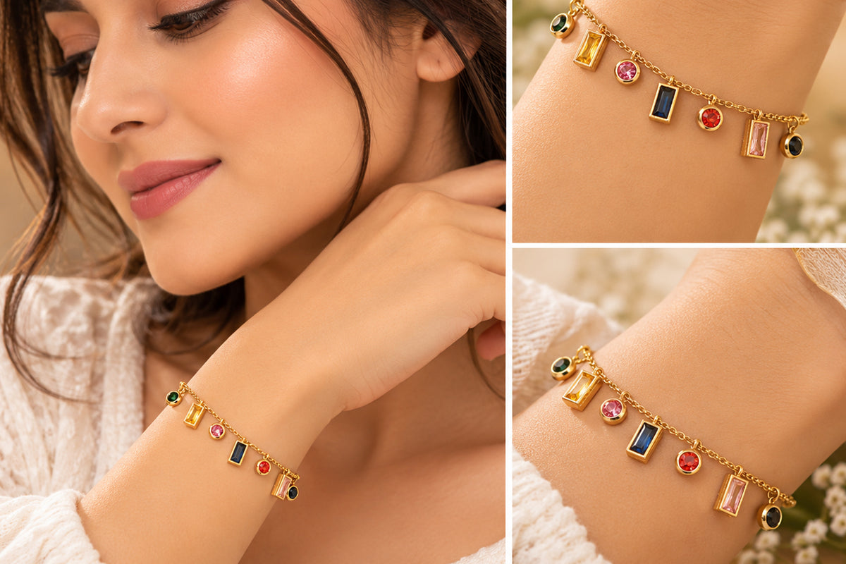 Asterials 18K Gold Plated Multicolour Crystal Charm Bracelet for Women | Elegant Everyday Jewellery