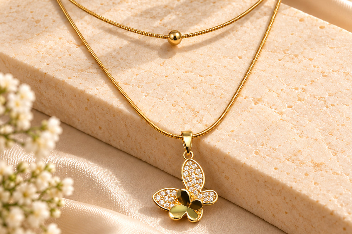 Asterials Golden Butterfly Crystal Pendant Layered Necklace