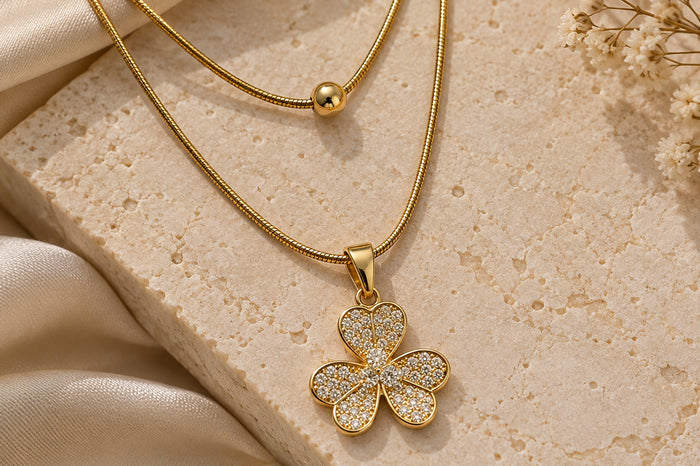 Asterials Golden Floral Cubic Zirconia Layered Pendant Necklace
