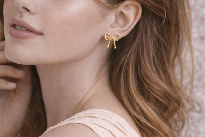 Golden Bow Beaded Stud Earrings