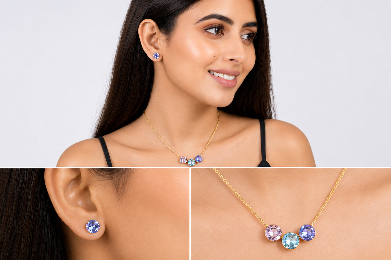 18K Gold Plated Pastel Crystal Necklace & Stud Earrings Set for Women