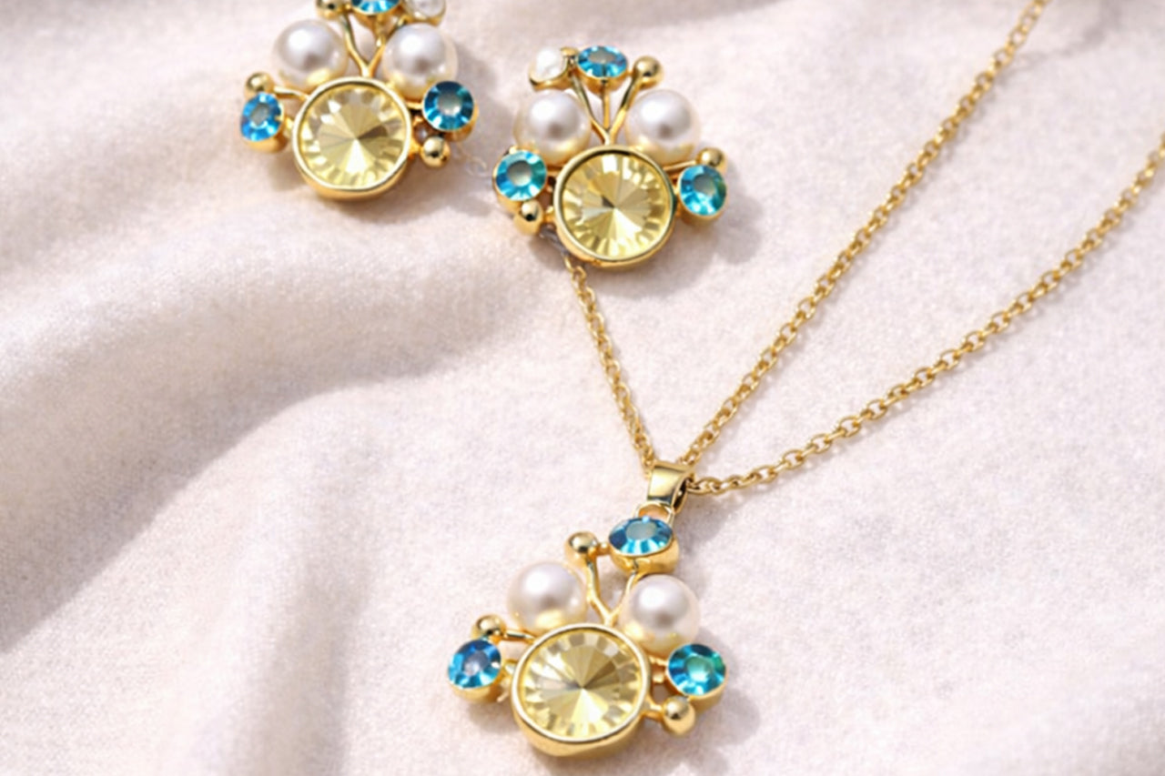 18K Gold Plated Stone with Matching Pearl & Blue Crystal Necklace Set
