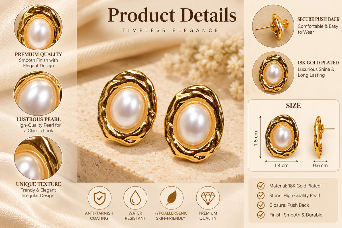 Asterials 18K Gold Plated Pearl Stud Earrings for Women – Textured Oval Anti-Tarnish Jewellery