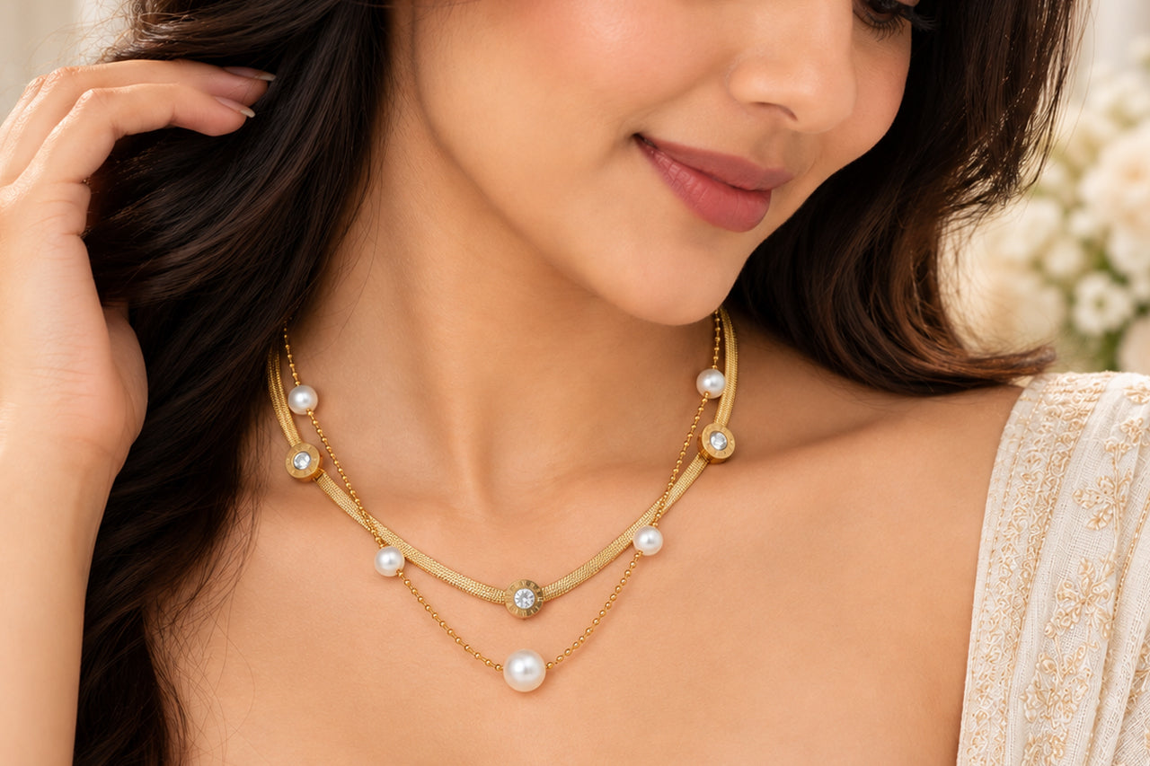 Asterials Golden Pearl & Roman Stone Layered Necklace