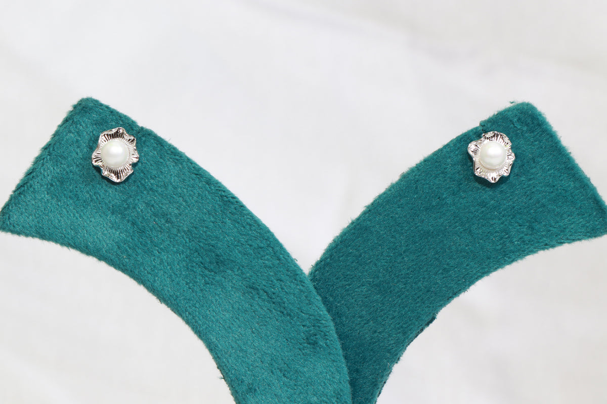 Silver-Tone Floral Pearl Stud Earrings