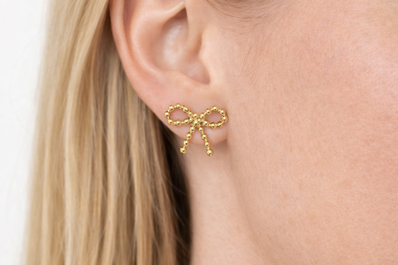 Golden Bow Beaded Stud Earrings