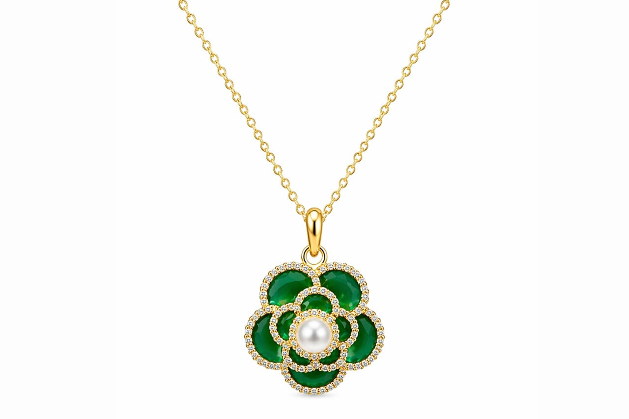 18K Gold Plated Green Floral Pendant Necklace Set with Earrings for Women