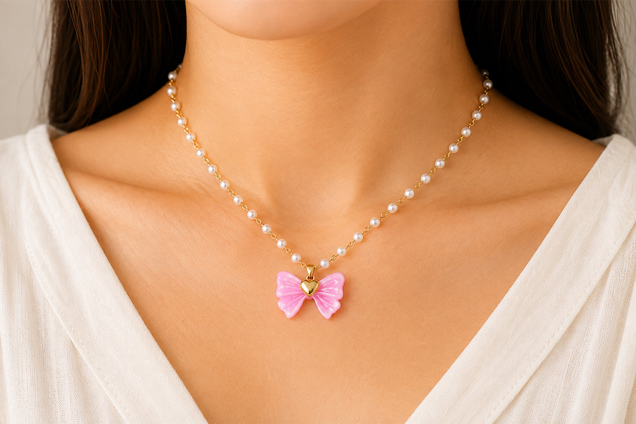 Asterials 18K Gold Plated Pink Bow Knot Pendant Necklace
