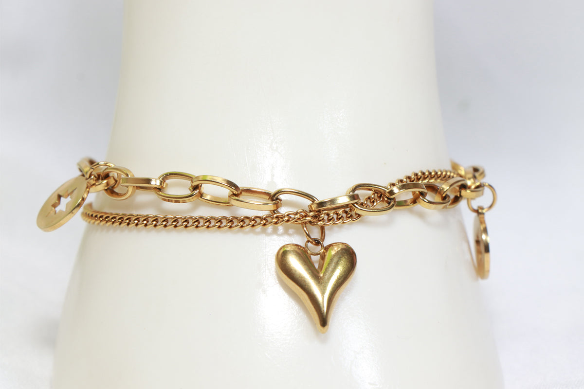 Asterials 18K Gold Plated Dual Chain Charm Bracelet for Women | Heart & Star Disc Charms | Anti-Tarnish Everyday Jewellery