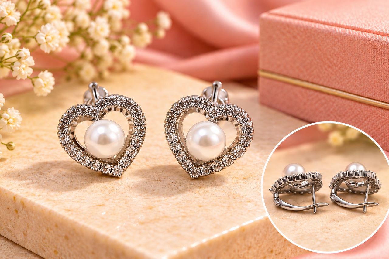 Asterials Heart-Shaped Pearl Stud Earrings with Elegant Pearl