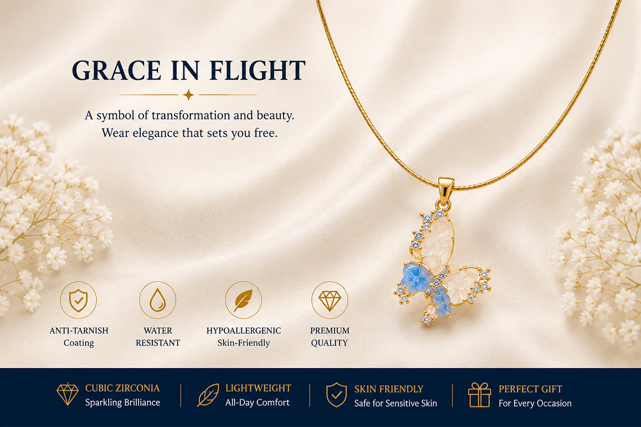 Asterials 18K Gold Plated Blue Floral Butterfly Charm Pendant Necklace
