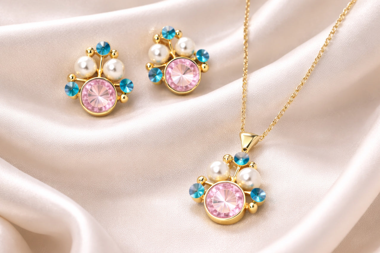 18K Gold Plated Stone with Matching Pearl & Blue Crystal Necklace Set