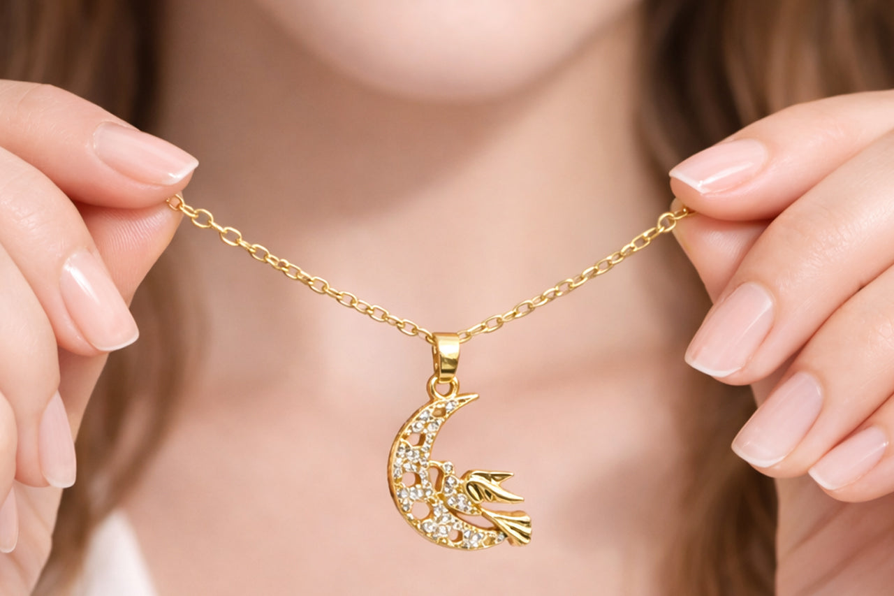 Celestial Moon & Bird Pendant Necklace