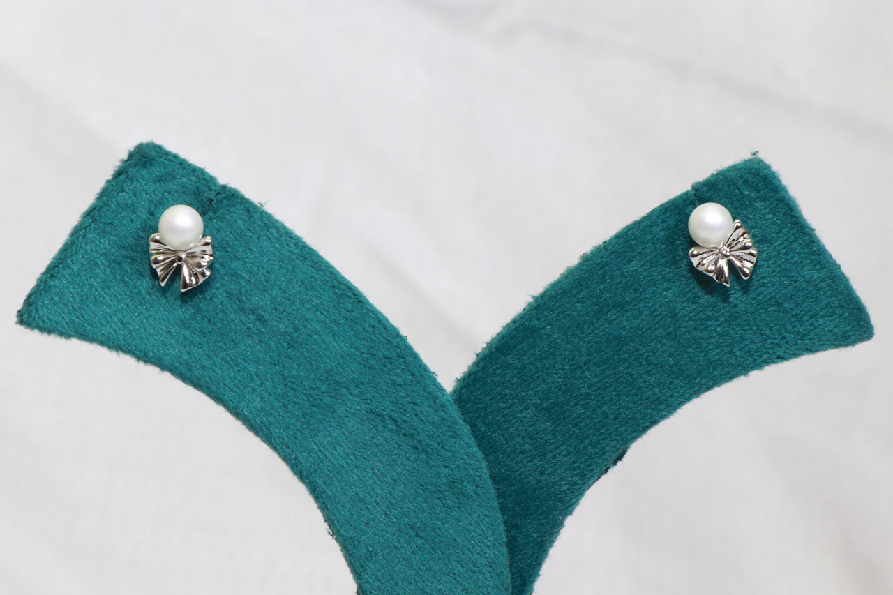 Silver-Tone Bow Pearl Stud Earrings