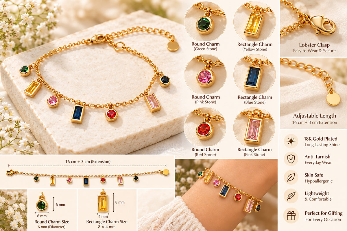 Asterials 18K Gold Plated Multicolour Crystal Charm Bracelet for Women | Elegant Everyday Jewellery