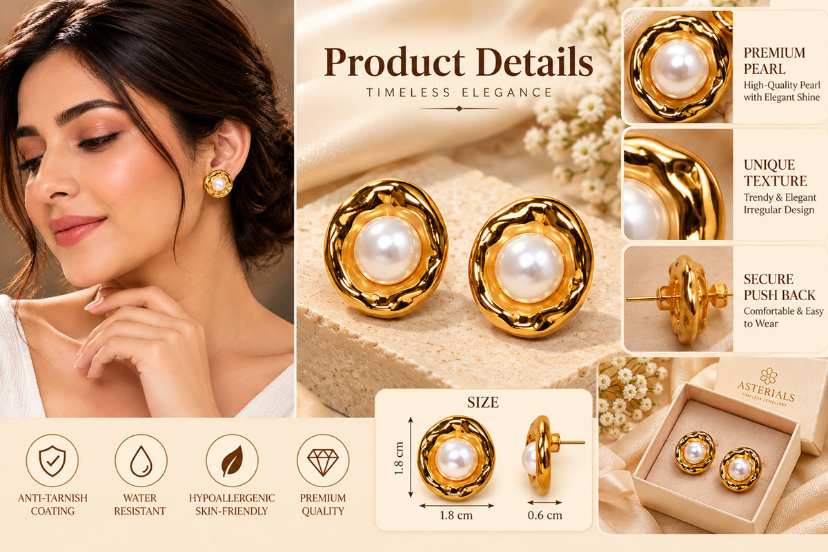 Asterials Gold Plated Pearl Stud Earrings for Women | Elegant Textured Statement Earrings