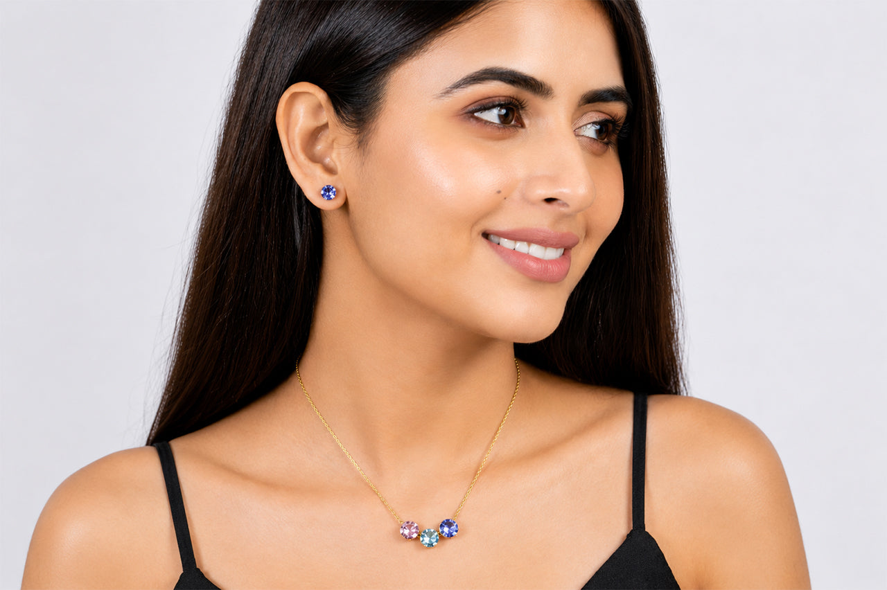 18K Gold Plated Pastel Crystal Necklace & Stud Earrings Set for Women