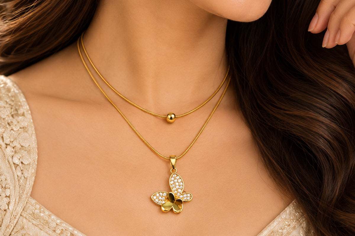 Asterials Golden Butterfly Crystal Pendant Layered Necklace