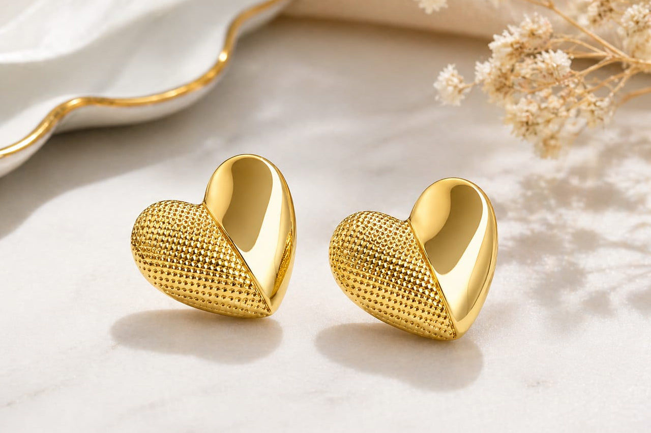 18K Gold Plated Heart Shape Stud Earrings for Women