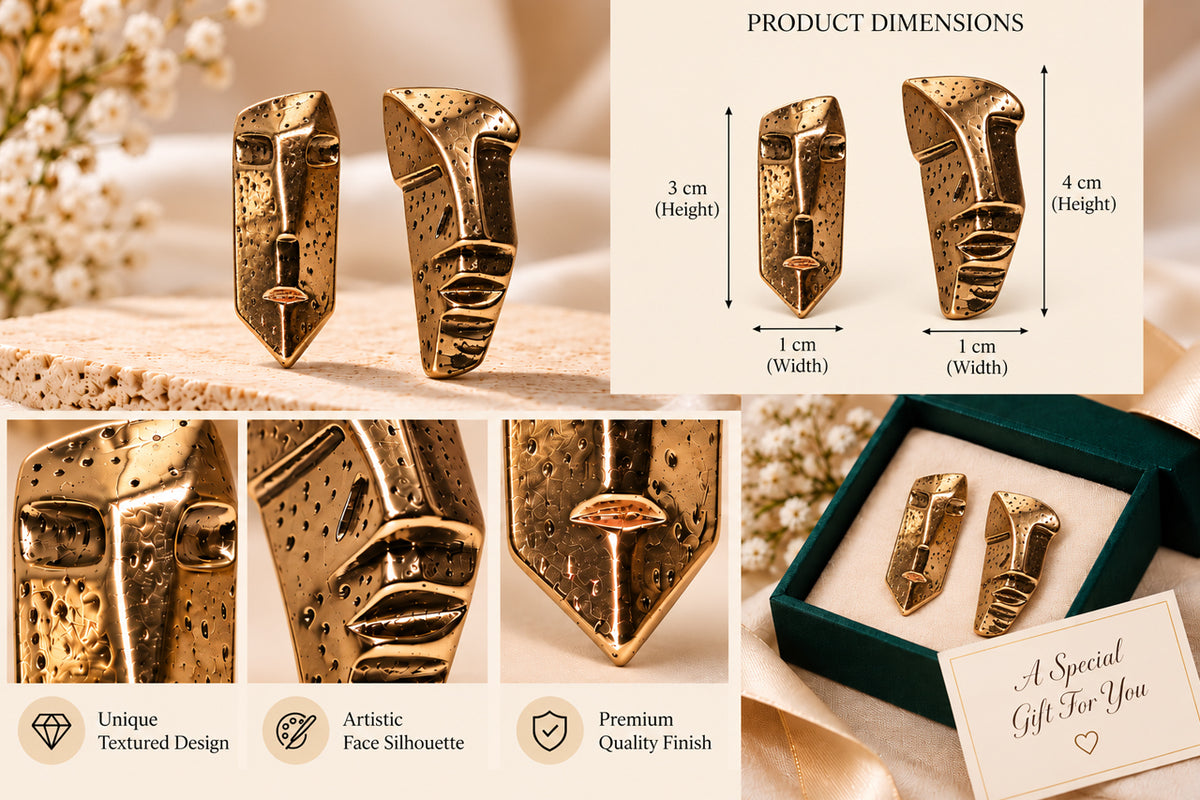Asterials Gold-Tone Abstract Face Statement Earrings – Artistic Sculptural Design