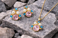18K Gold Plated Stone with Matching Pearl & Blue Crystal Necklace Set