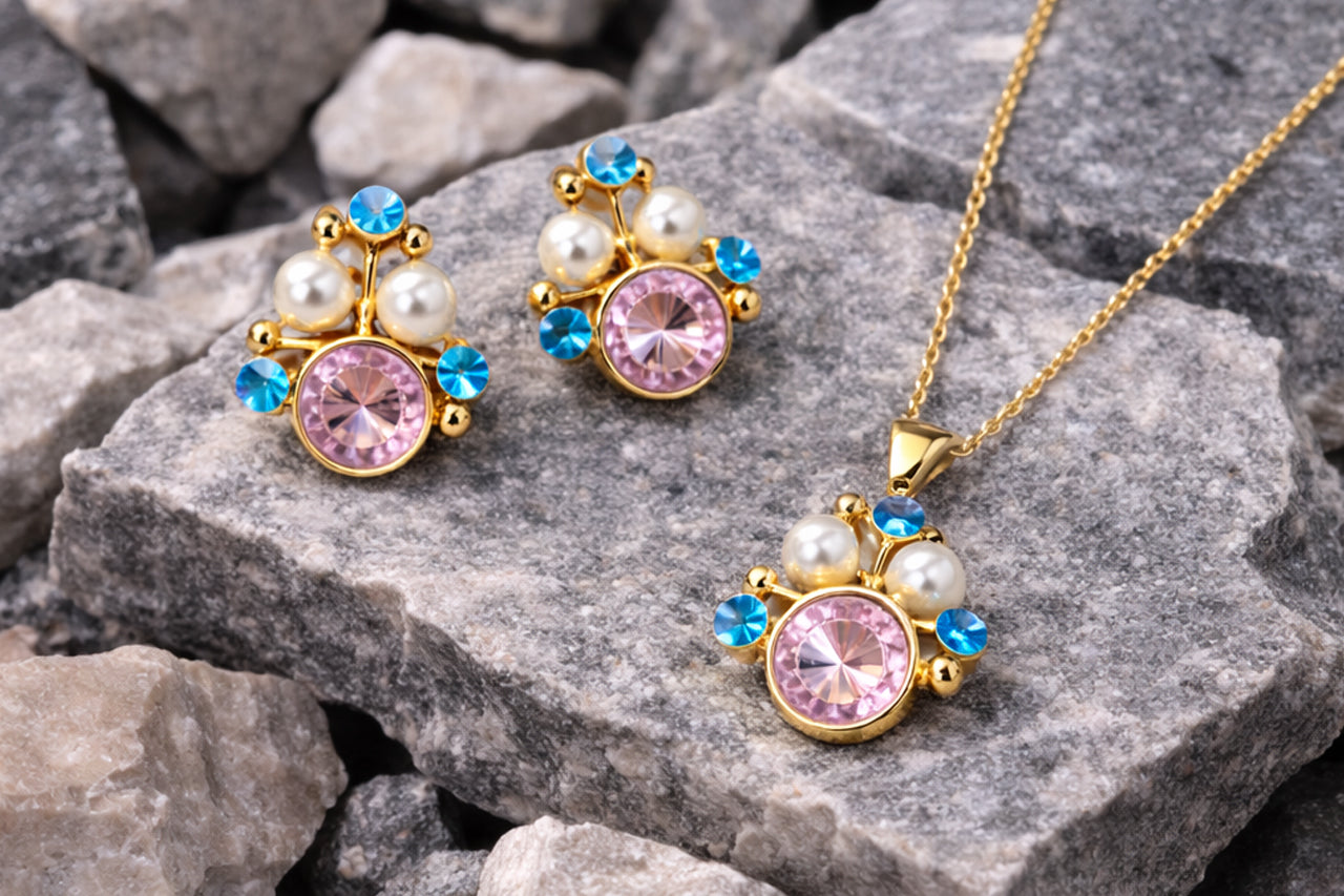 18K Gold Plated Stone with Matching Pearl & Blue Crystal Necklace Set