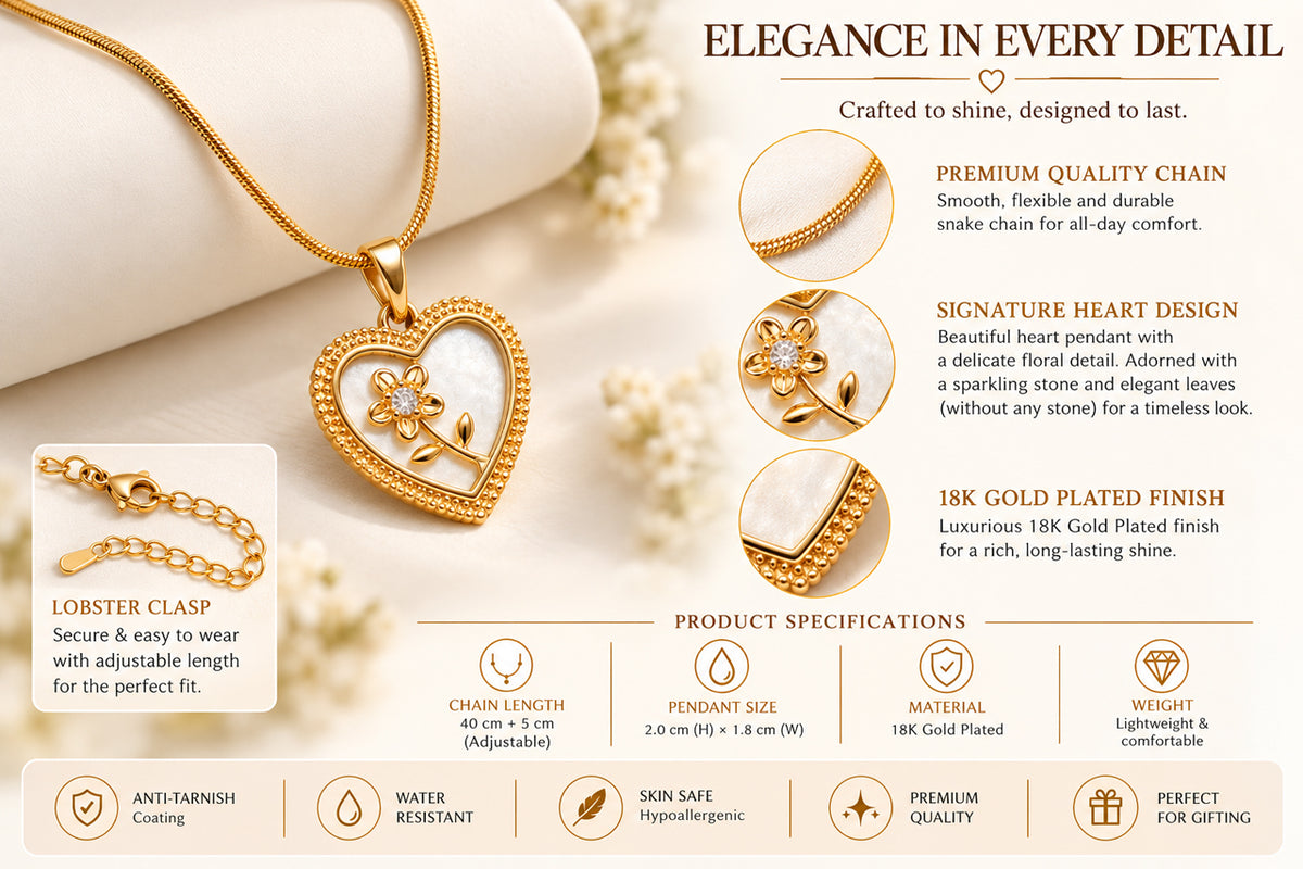 Asterials 18K Gold Plated Heart Floral Pendant Necklace for Women