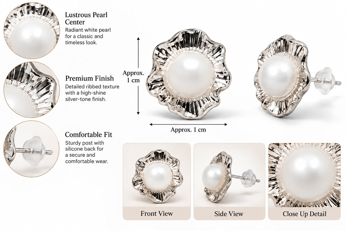 Silver-Tone Floral Pearl Stud Earrings