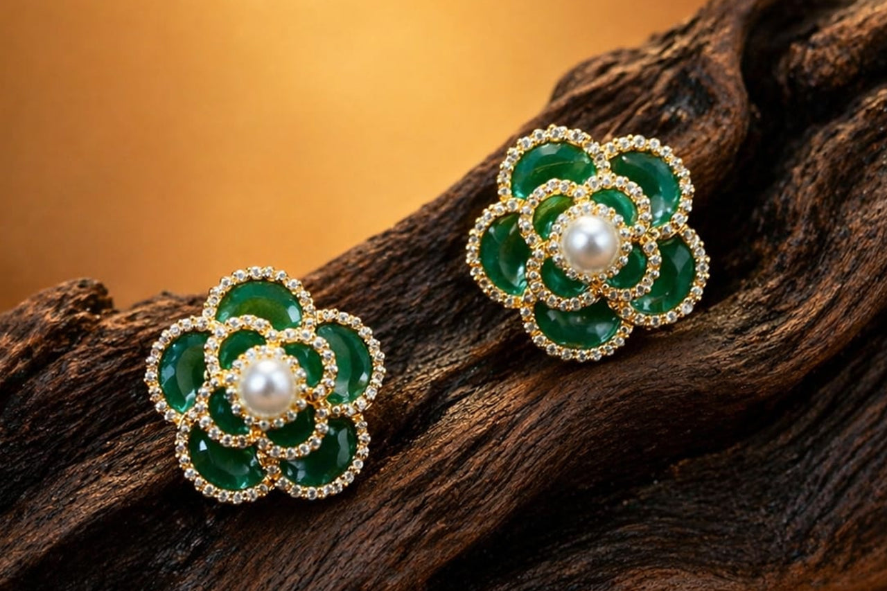 18K Gold Plated Green Floral Pendant Necklace Set with Earrings for Women