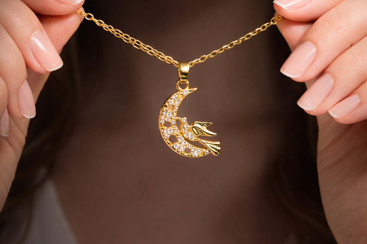 Celestial Moon & Bird Pendant Necklace