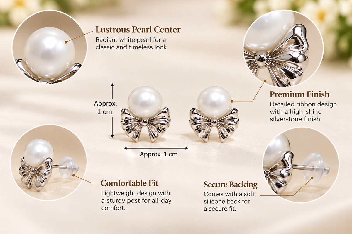 Silver-Tone Bow Pearl Stud Earrings