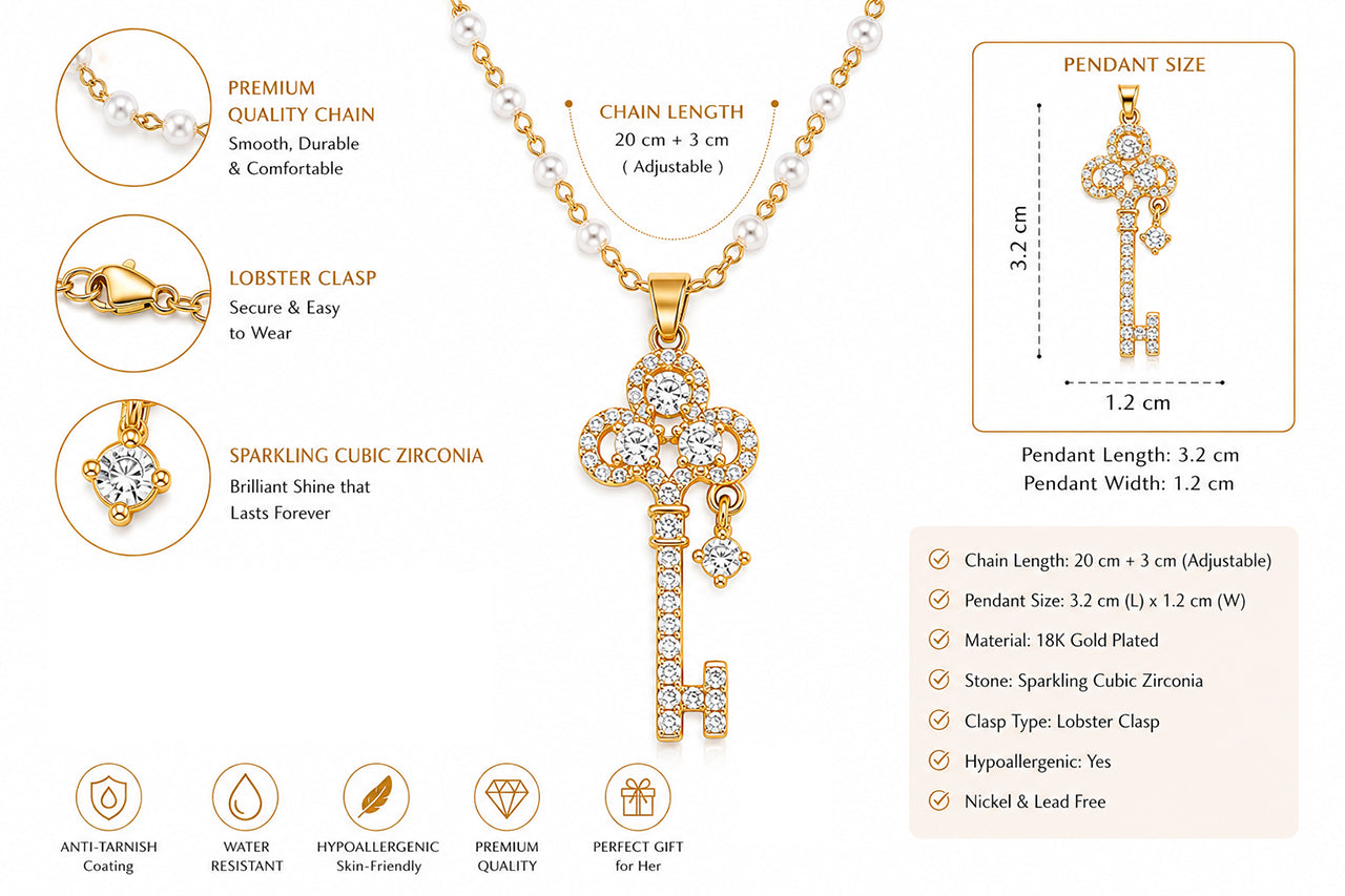 Asterials 18K Gold Plated Key Pendant Necklace for Women