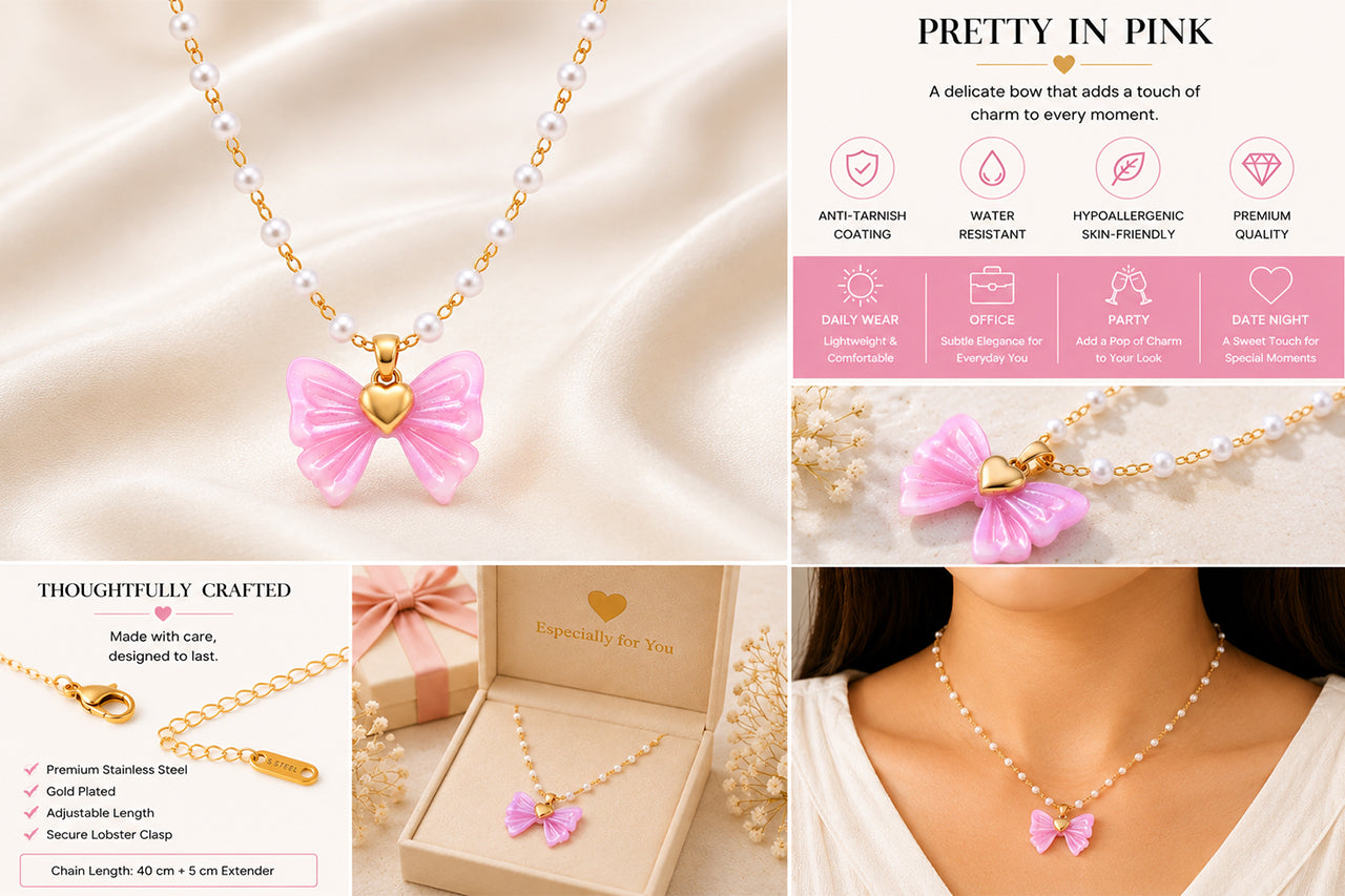 Asterials 18K Gold Plated Pink Bow Knot Pendant Necklace