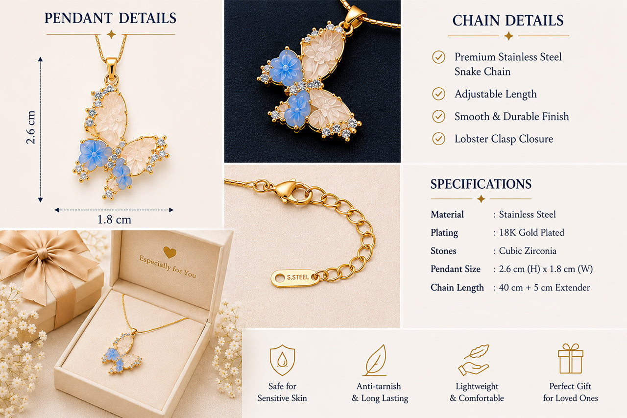Asterials 18K Gold Plated Blue Floral Butterfly Charm Pendant Necklace