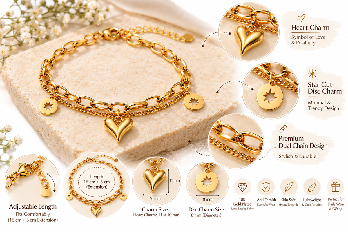 Asterials 18K Gold Plated Dual Chain Charm Bracelet for Women | Heart & Star Disc Charms | Anti-Tarnish Everyday Jewellery