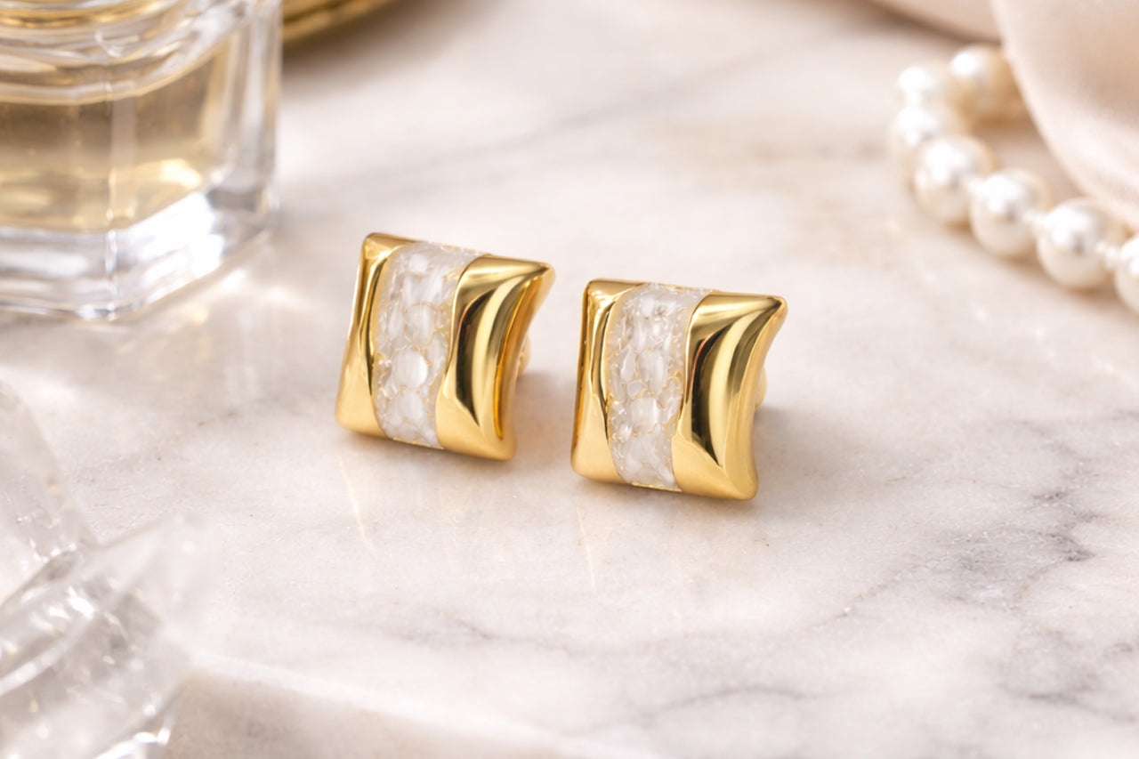 Ivory Wave Gold Stud Earrings
