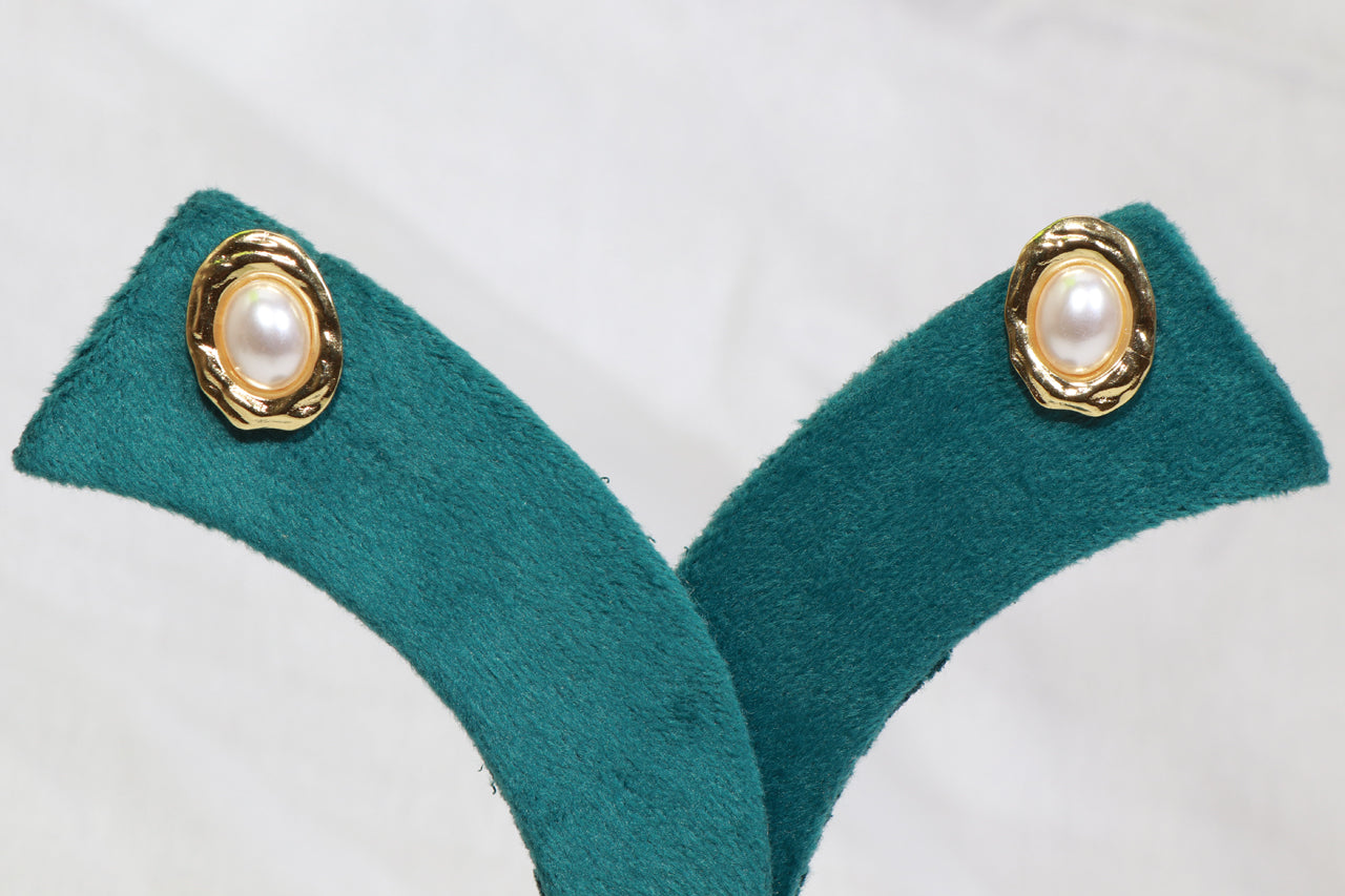 Asterials 18K Gold Plated Pearl Stud Earrings for Women – Textured Oval Anti-Tarnish Jewellery