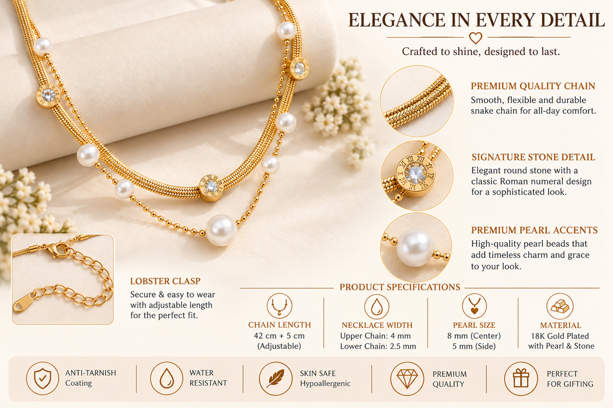 Asterials Golden Pearl & Roman Stone Layered Necklace